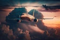 White passenger plane climbs through through a cloudy sky at sunset. Generative Ai. Royalty Free Stock Photo
