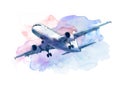White passenger plane fly in the blue sky, sketch