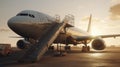 White passenger plane with stairs on the airport platform. Generative AI Royalty Free Stock Photo