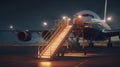 White passenger plane with stairs on the airport platform, night view. Generative AI Royalty Free Stock Photo