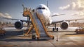 White passenger plane with stairs on the platform of the airport against the backdrop of the city. AI generative Royalty Free Stock Photo