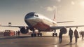 White passenger plane with stairs on the platform of the airport against the backdrop of the city. AI generative Royalty Free Stock Photo