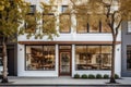 White pastry shop cafe facade with large window showcasing interior, city setting.