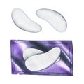 White patches under the eyes in purple packaging and without. Hand-drawn watercolor illustration. Isolated objects on a