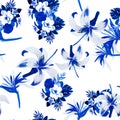 White Pattern Design. Azure Seamless Design. Blue Tropical Foliage. Cobalt Flower Exotic.
