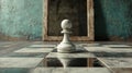 A white pawn from a chess set is positioned in front of a round mirror reflecting a black king in a 3D rendering Royalty Free Stock Photo