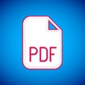 White PDF file document. Download pdf button icon isolated on blue background. PDF file symbol. Vector Royalty Free Stock Photo