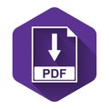 White PDF file document icon isolated with long shadow. Download PDF button sign. Purple hexagon button Royalty Free Stock Photo