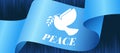 White peace bird sign and peace text screen on blue waving flag on dark light blue motion background vector design