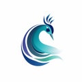 Elegant Peacock Logo With Blue Flowing Waves - Vector Illustration