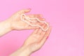 White pearl necklace on the woman`s hand Royalty Free Stock Photo