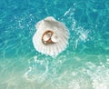 White pearl seashell with gold ring jewelry on blue marine sea water wave splash concept fashion women accessories banner template