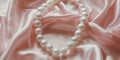 White pearls bracelet on light pink satin cloth. Elegant jewelry. AI generated