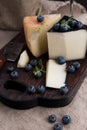 White pecorino cheese and blueberries. Traditional Italian hard cheese and a glass of red wine. Wooden background and dark style Royalty Free Stock Photo