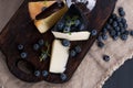 White pecorino cheese and blueberries. Traditional Italian hard cheese and a glass of red wine. Wooden background and dark style Royalty Free Stock Photo