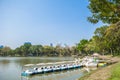 White pedal boats on the lake in Lumpini Park,Thailand