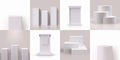 White pedestal. Empty 3D block podium stage for gallery or realistic pillar stand. Blank rectangle shapes and cylinders