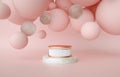 White pedestal with marble podium isolated on pink background, pink balls, pastel pink concept, 3d render illustration Royalty Free Stock Photo