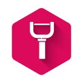 White Peeler icon isolated with long shadow. Knife for cleaning of vegetables. Kitchen item, appliance. Pink hexagon