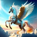 White Pegasus on a background of blue sky with clouds 3d illustration Generative AI