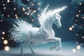 white pegasus covered in glowing lights, in a winter scene, minimalism abstract Christmas graphic design