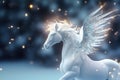 white pegasus covered in glowing lights, in a winter scene, minimalism abstract Christmas graphic design