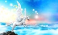 White pegasus unicorn in a cliff high above the clouds Royalty Free Stock Photo