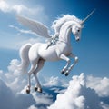 White Pegasus unicorn in a cliff high above the clouds Royalty Free Stock Photo