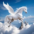 White Pegasus unicorn in a cliff high above the clouds Royalty Free Stock Photo