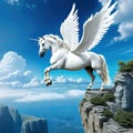 A white pegasus unicorn is perched on a cliff high above the