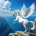 A white pegasus unicorn is perched on a cliff high above the