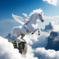 White Pegasus unicorn in a cliff high above the clouds Royalty Free Stock Photo