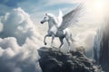 White pegasus unicorn in a rock cliff high above the clouds Royalty Free Stock Photo