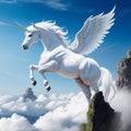 White Pegasus unicorn in a cliff high above the clouds Royalty Free Stock Photo