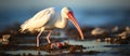 A white seabird with a long red beak wading in the water Royalty Free Stock Photo