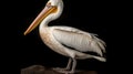 White pelican standing on a rock against a black background