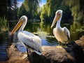 White pelicans by water. Black and white photo