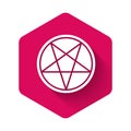 White Pentagram in a circle icon isolated with long shadow. Magic occult star symbol. Pink hexagon button. Vector