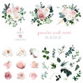 White peonies, blush and dusty pink roses, blooming freesia, eucalyptus, salal, pampas grass Royalty Free Stock Photo