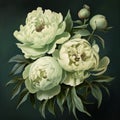 Realistic Portrait Of Three White Peonies In Barroco Style