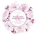 Wedding invitation template, save the date, round frame with realistic vector sakura flowers.