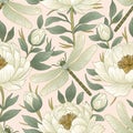 White Peony Dragonfly Seamless Pattern Vector Botanical Blooming Summer Floral Background Royalty Free Stock Photo