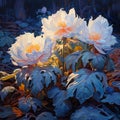 White peony flowers in the night garden. Digital square painting, printable wall art