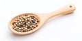 White Pepper Heap In Wooden Spoon On White Background. Top View Of Dry Peppercorn Pile. Organic Seasoning, Spice