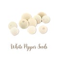 White pepper seeds on white background, top view. Aromatic seeds. spice and seasoning, known as a peppercorn.