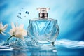 White Perfume Bottle on Light Blue Background with Water Splash and Flowers