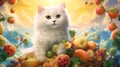 White persian cat on a background of fruit and flowers. 3d rendering. Royalty Free Stock Photo