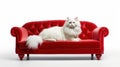 white Persian cat on the red sofa on isolated white background Royalty Free Stock Photo