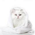 White Persian cat wrapped in a towel, AI Generated, British longhair silver chinchilla wrapped in a towel isolated on white Royalty Free Stock Photo