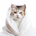 White cat wrapped in a towel, AI Generated, British longhair silver chinchilla Royalty Free Stock Photo